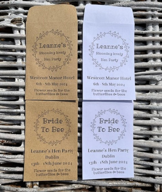 Personalized Hen Party Seed Packet Envelopes,  Favours - Choice of Seeds