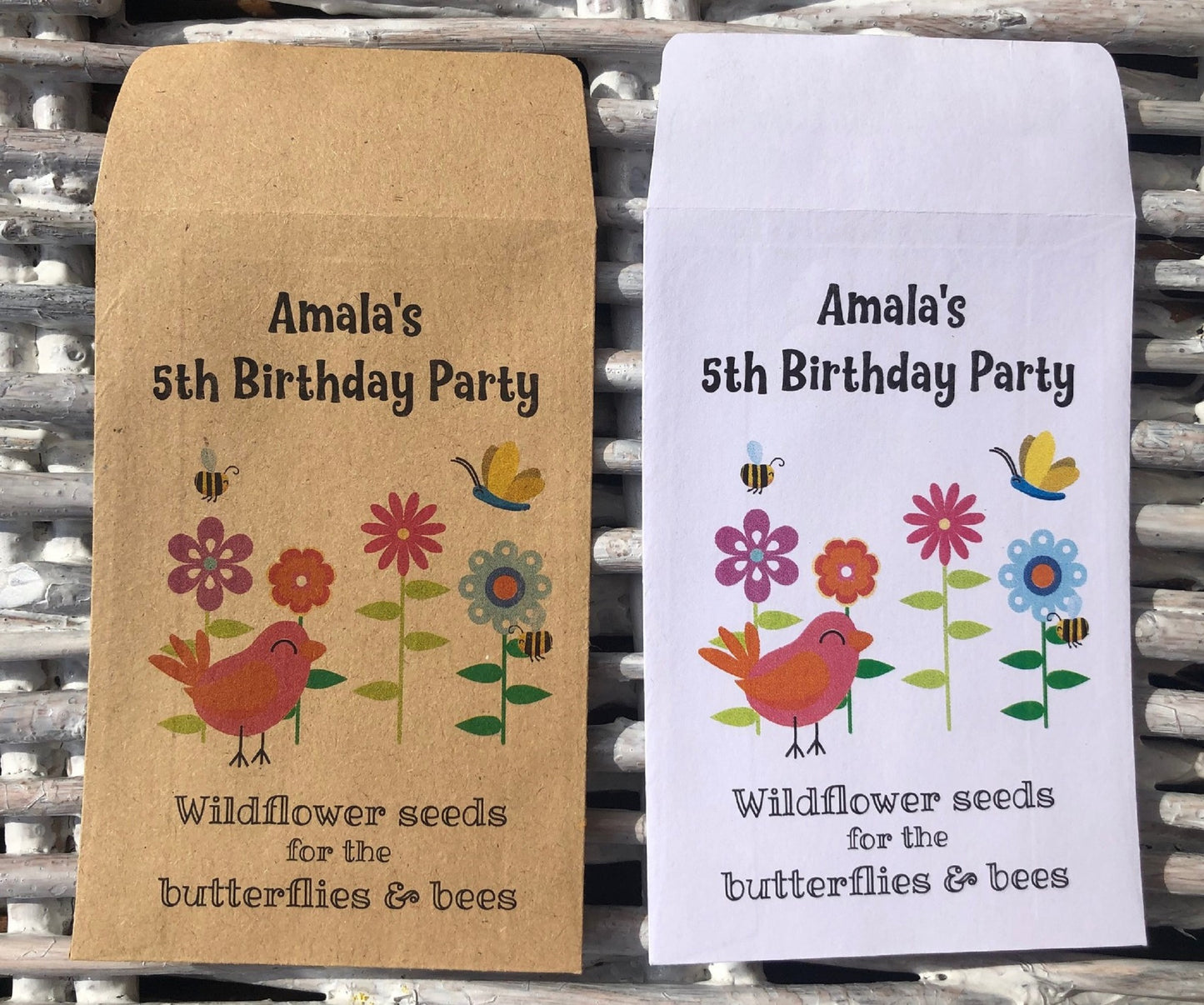 Children's Seed Packet Birthday Party Bag Fillers, Personalised - White or Recycled Kraft - 8 designs