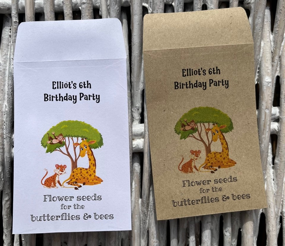 Children's Seed Packet Birthday Party Bag Fillers, Personalised - White or Recycled Kraft - 8 designs