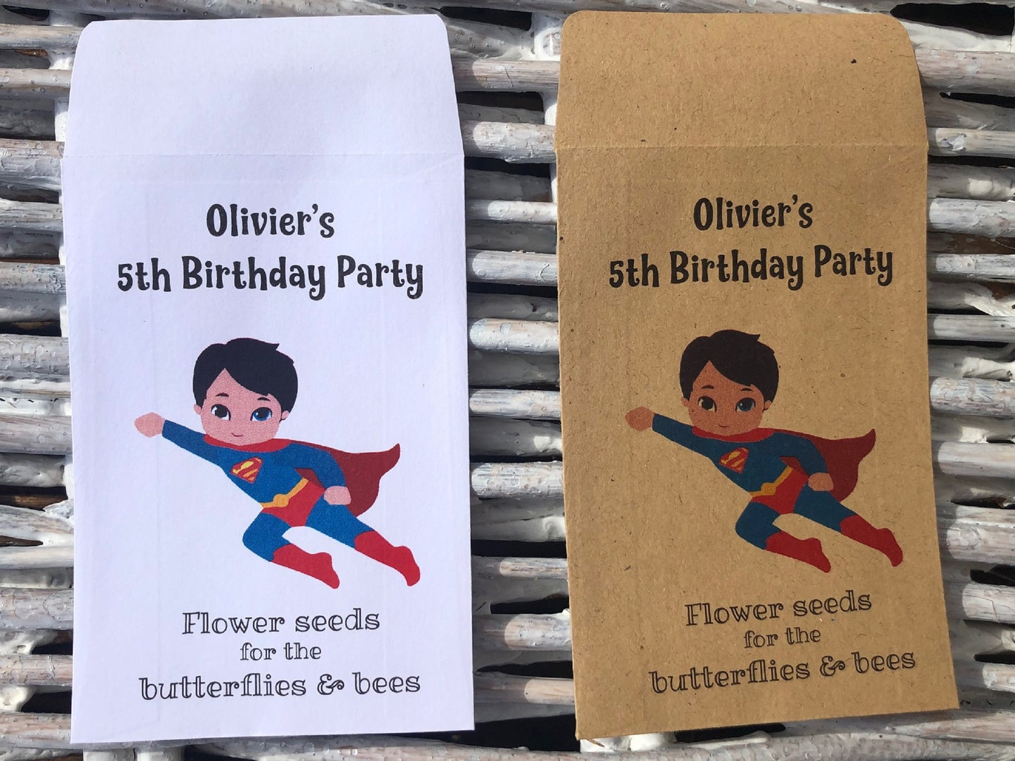 Children's Seed Packet Birthday Party Bag Fillers, Personalised - White or Recycled Kraft - 8 designs