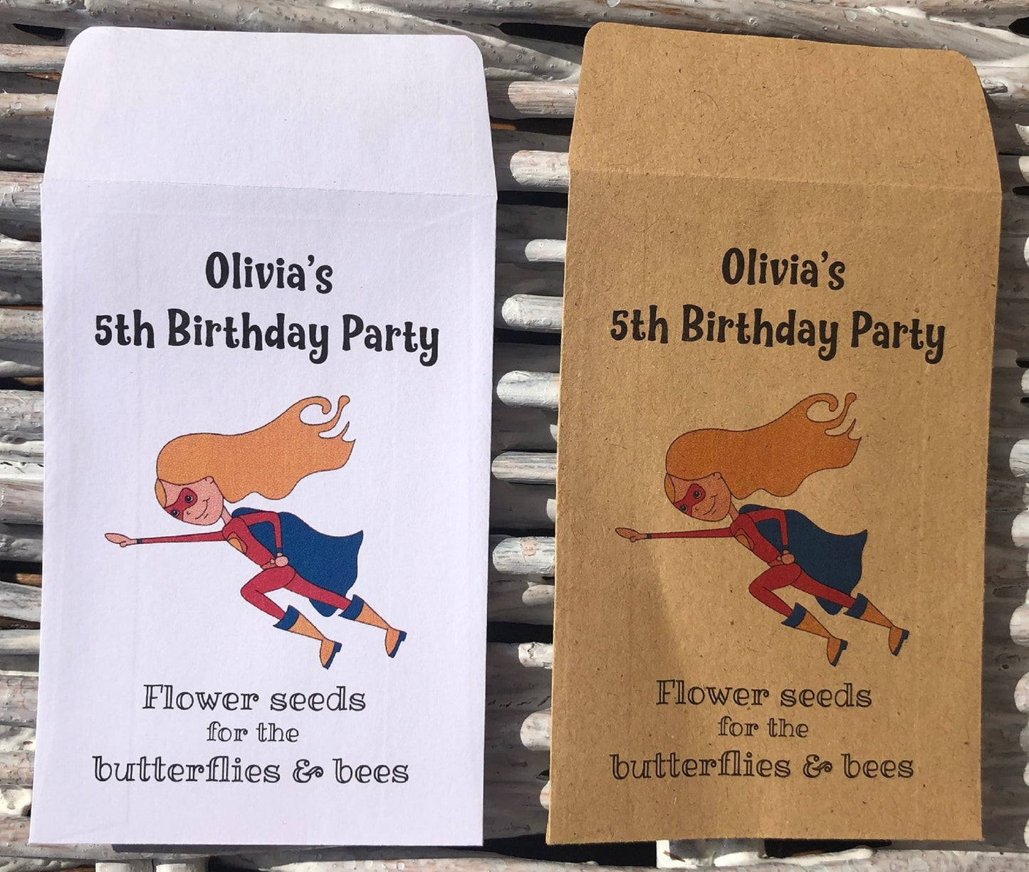 Children's Seed Packet Birthday Party Bag Fillers, Personalised - White or Recycled Kraft - 8 designs